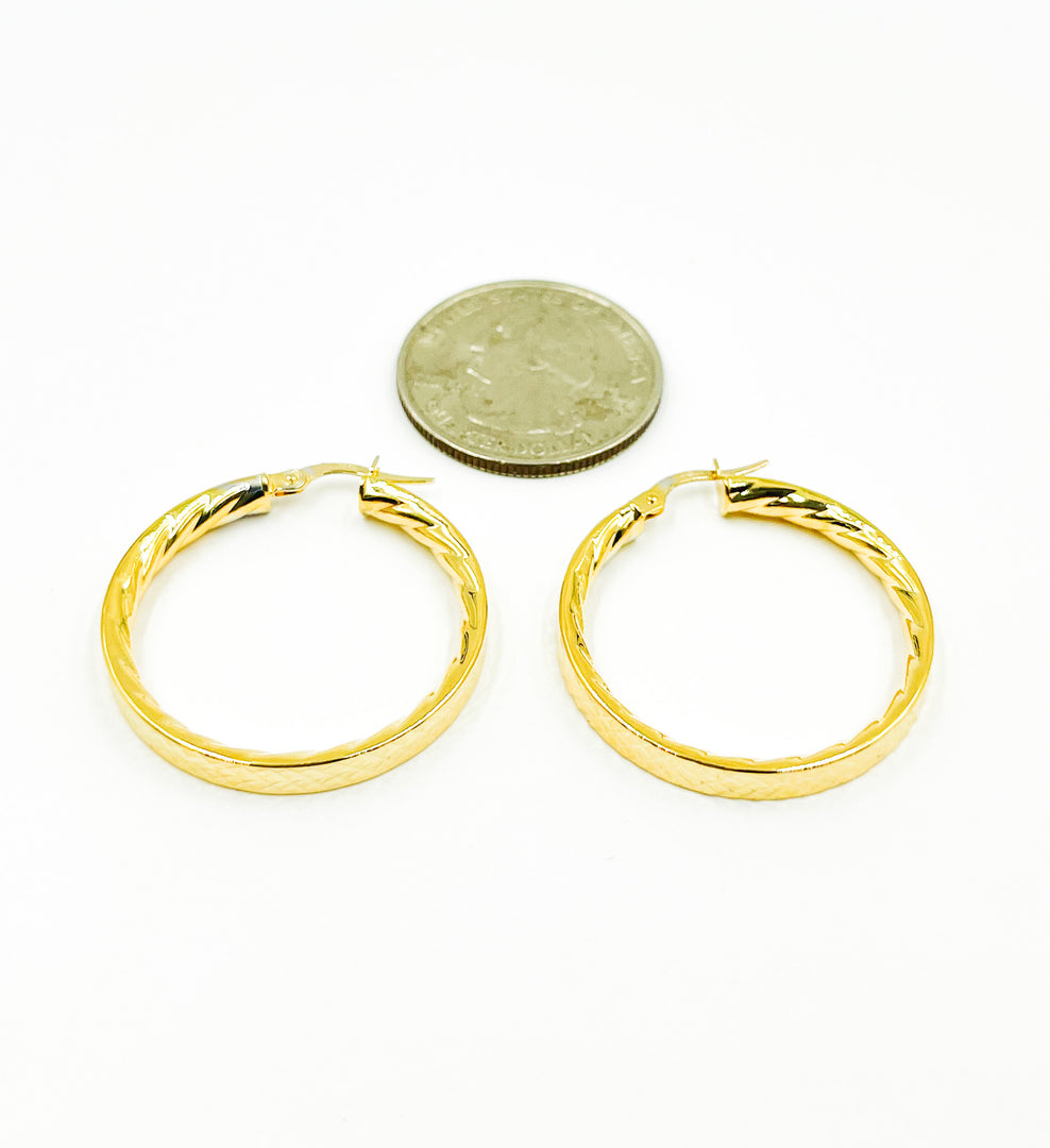 GER2. 14K Solid Gold Textured Hollow Hoops Earrings