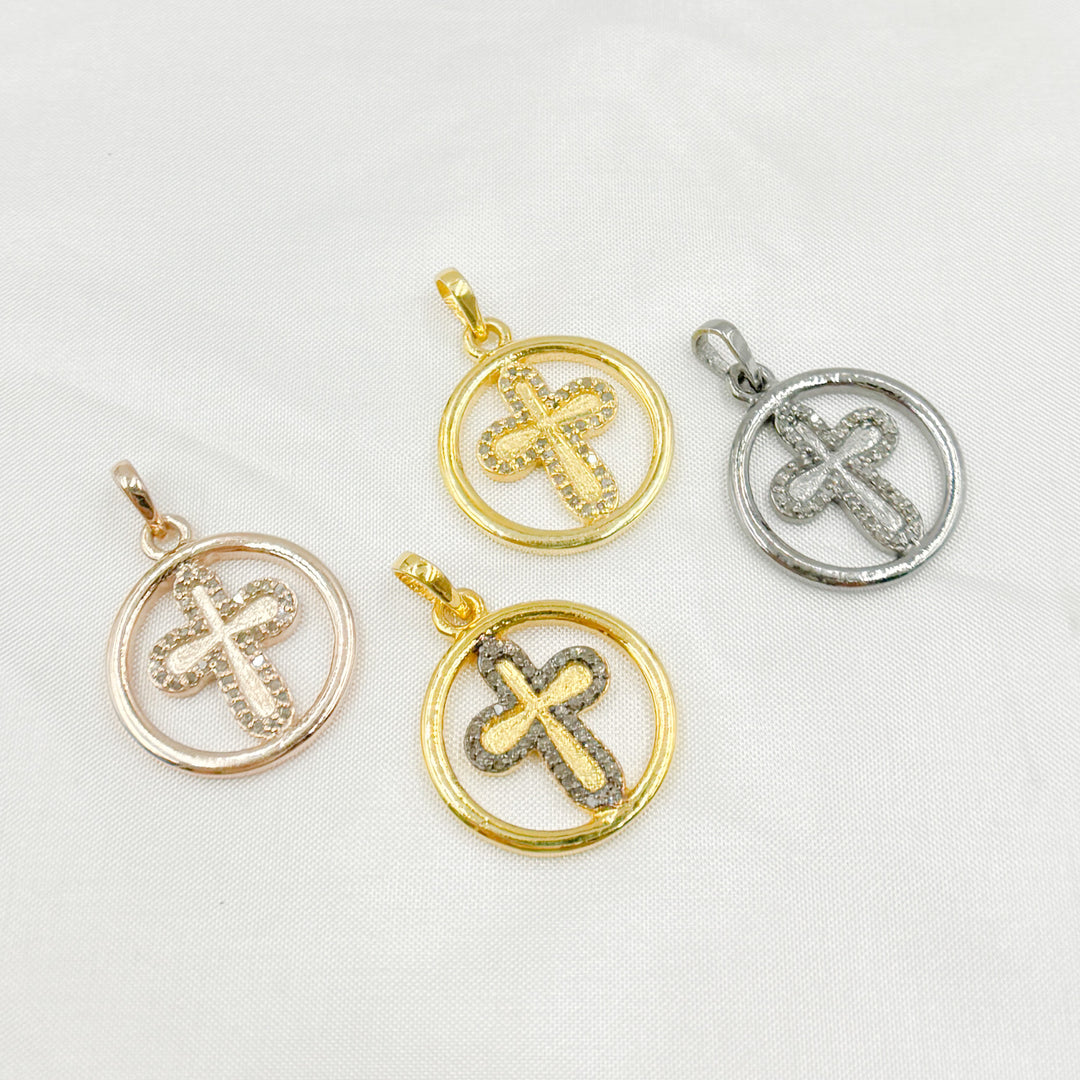 Pave Diamond & 925 Sterling Silver Black Rhodium, Two-Tone (Black Rhodium and Gold Plated), Gold Plated and Rose Gold Plated Round Cross Pendant. DP462