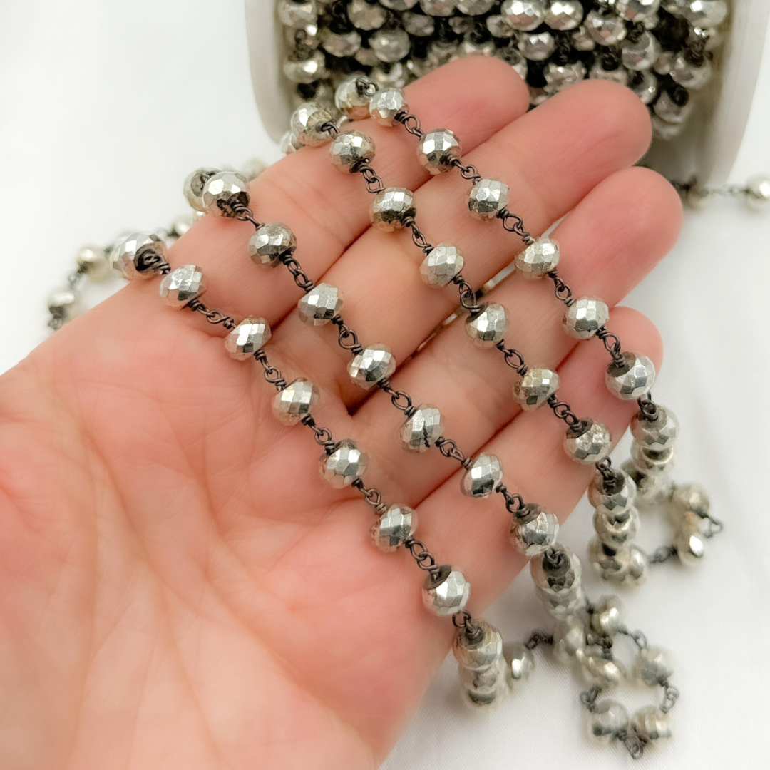 Steel Pyrite Faceted Rondel Oxidized 925 Sterling Silver Wire Chain.  PYR69