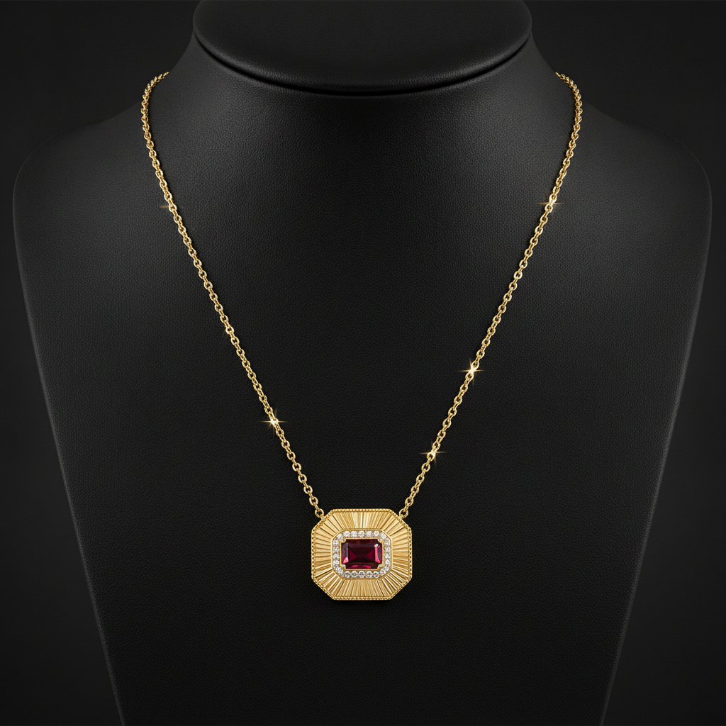 CN97285RU6X4. 14K Solid Gold Octagon Ruby and Diamond Fancy Tiny Necklace