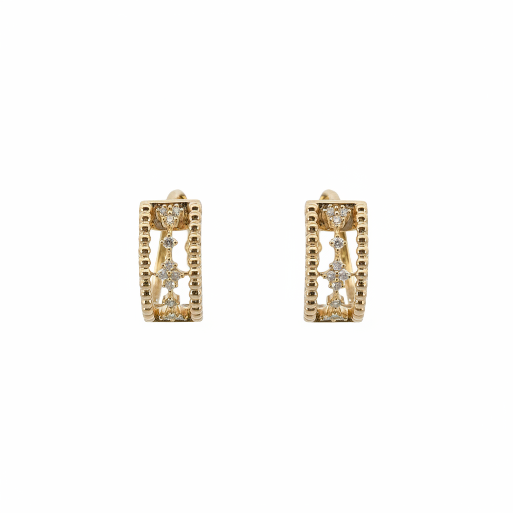 EHC57625. 14K Solid Yellow Gold Diamond Fancy Hoop Earrings