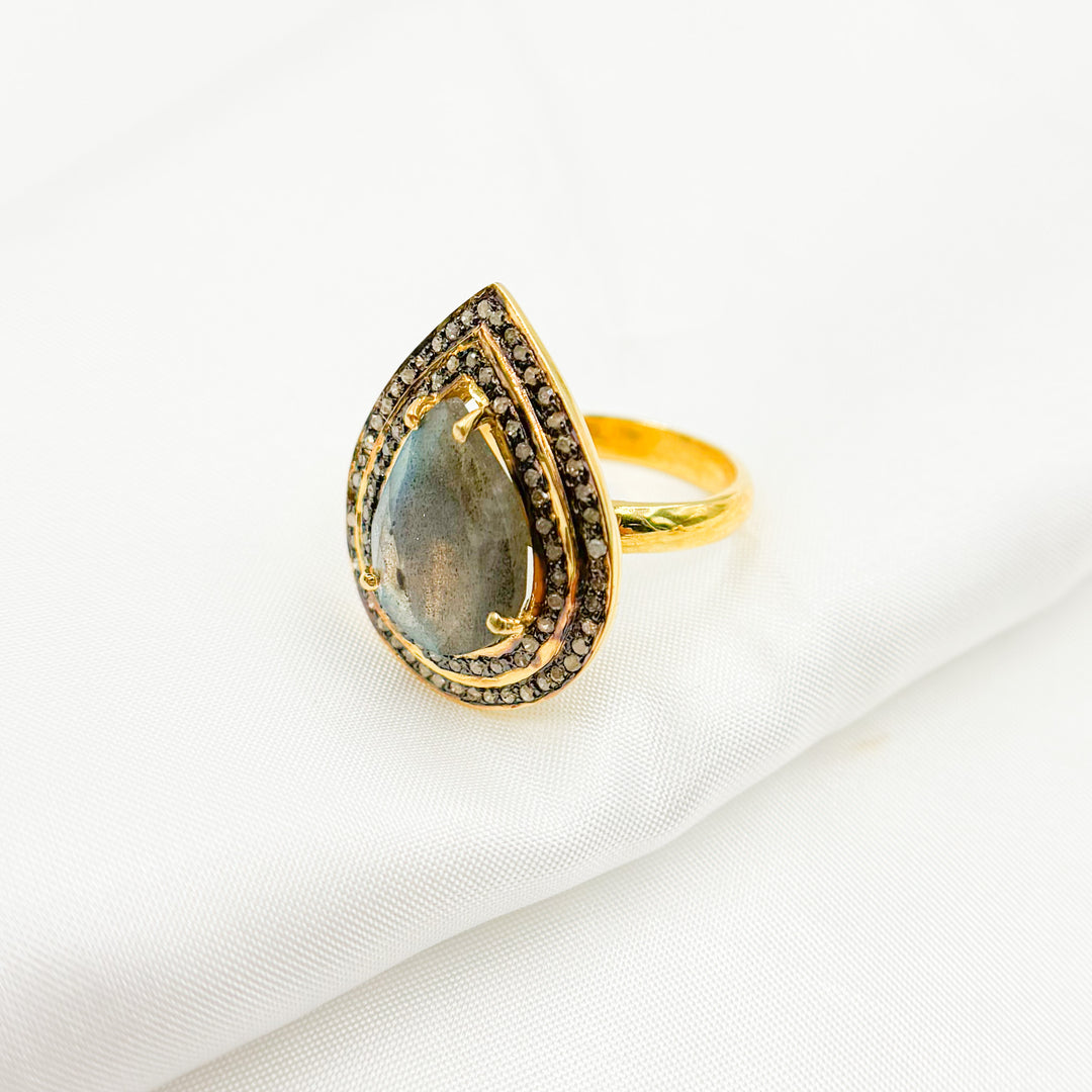 DE09. Diamond Sterling Silver Labradorite Drop Ring