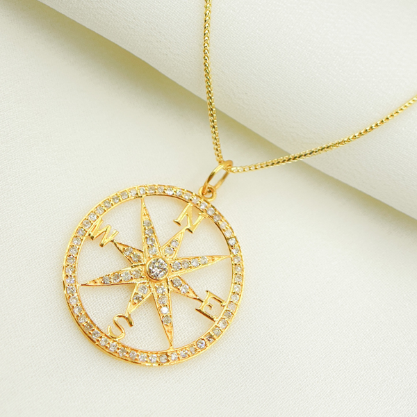 14K Solid Yellow Gold Diamond Moon and Star Dangle Necklace