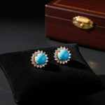 Load image into Gallery viewer, CE96381TQ5. 14K Solid Yellow Gold Diamond and Turquoise Round Stud Earring