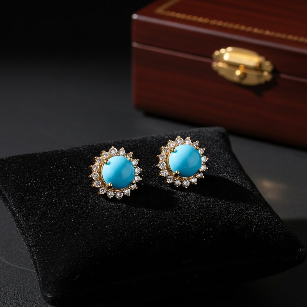 CE96381TQ5. 14K Solid Yellow Gold Diamond and Turquoise Round Stud Earring