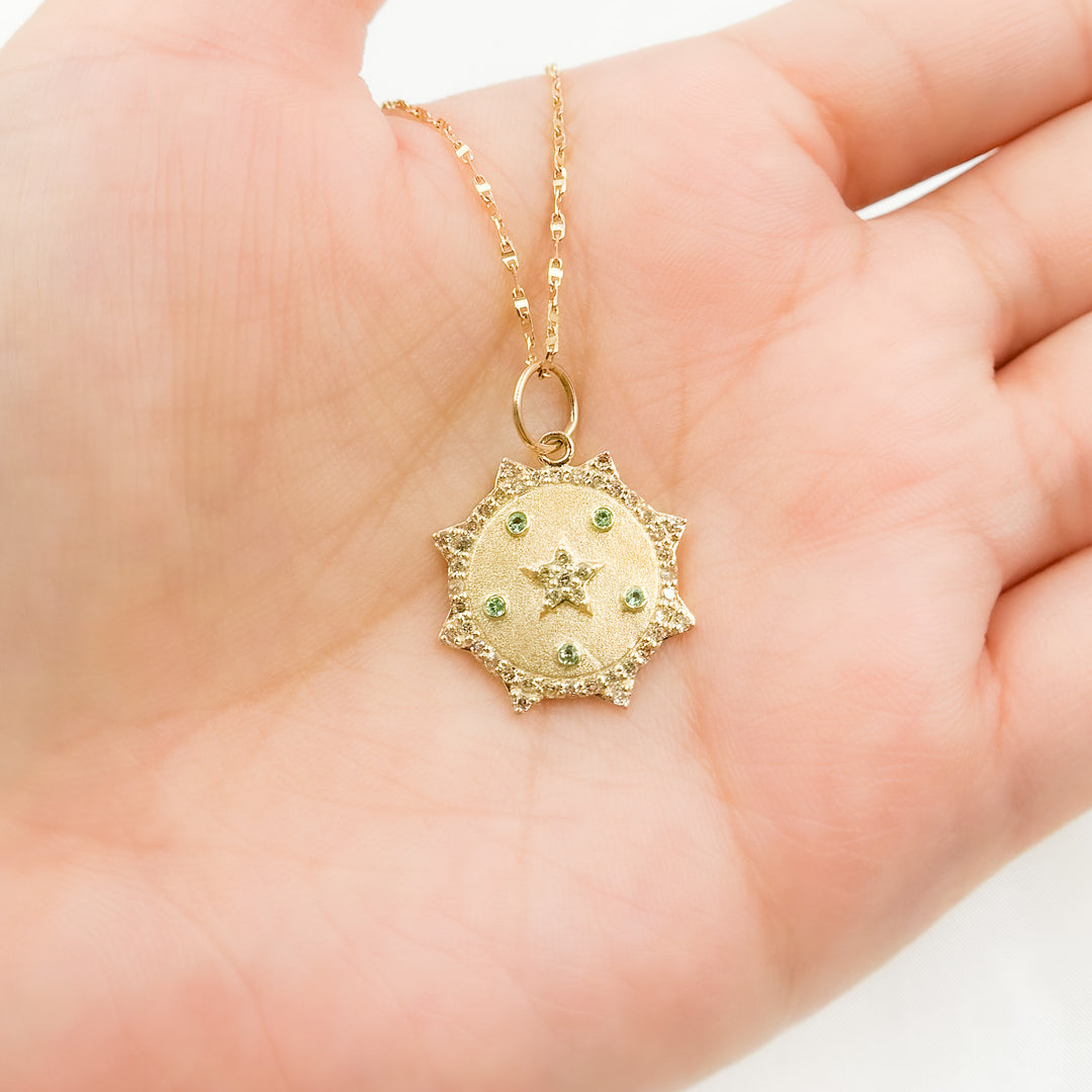 14K Solid Gold Diamond Sun Shape Charm with Star in the Center in Gemstones. GDP547