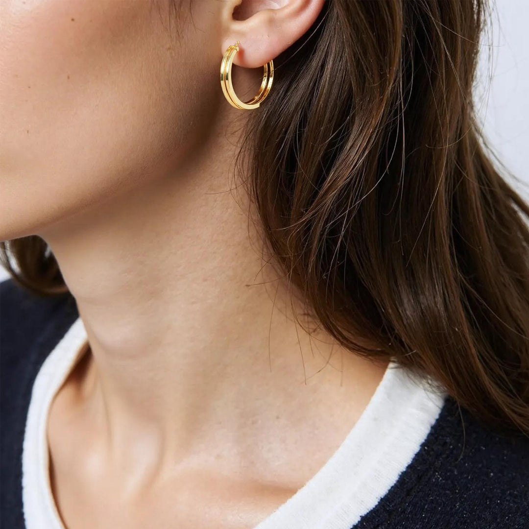15850021299. 14K Solid Gold Fancy Hollow Double Hoop Earrings
