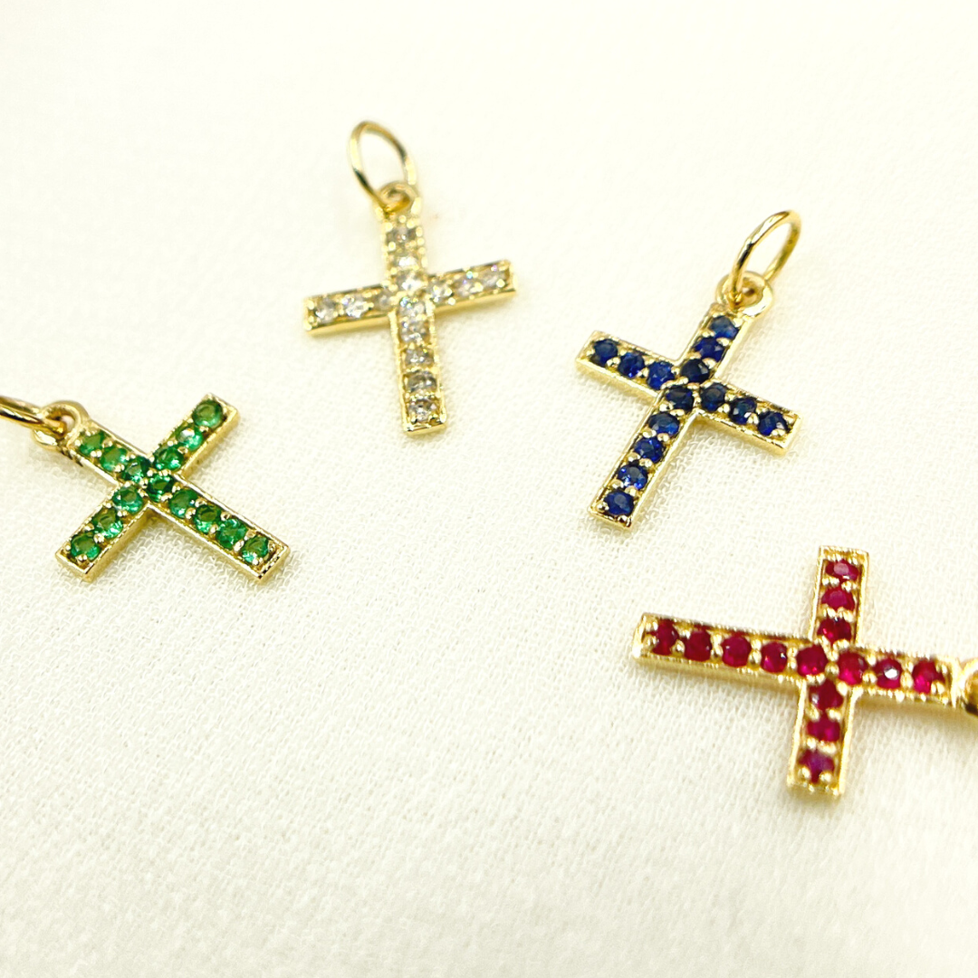 Shop Now 14K Solid Gold Cross Charm in Diamond, Ruby, Blue Sapphire and Emerald