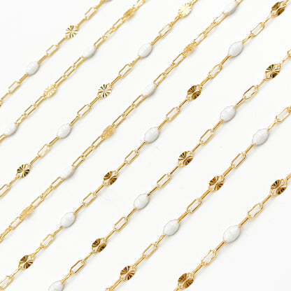V295WTGF. 14K Gold Filled White Color Enamel with Paperclip and Diamond Cut Marina Links
