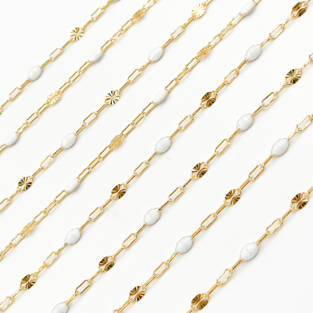 V295WTGF. 14K Gold Filled White Color Enamel with Paperclip and Diamond Cut Marina Links