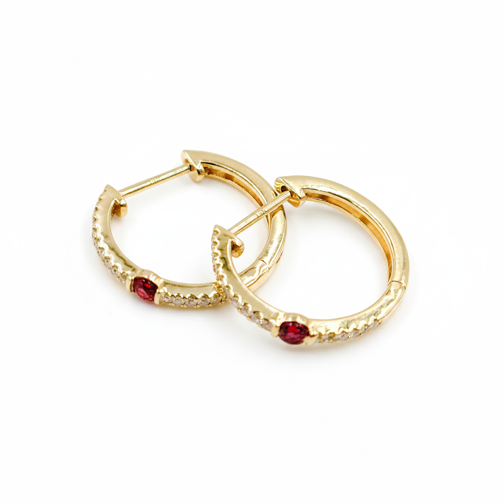 EHC56664. 14K Solid Gold Gemstone & Diamond & Hoop Earrings
