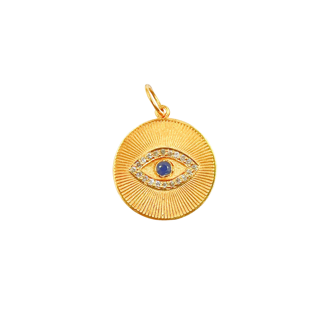 14K Solid Gold Charm. Circle Pendant with Diamonds and Blue Sapphire. GDP338