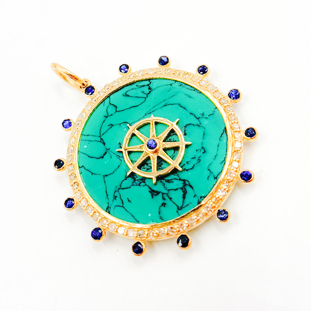 14K Gold Turquoise and Blue Sapphire Round Compass Pendant