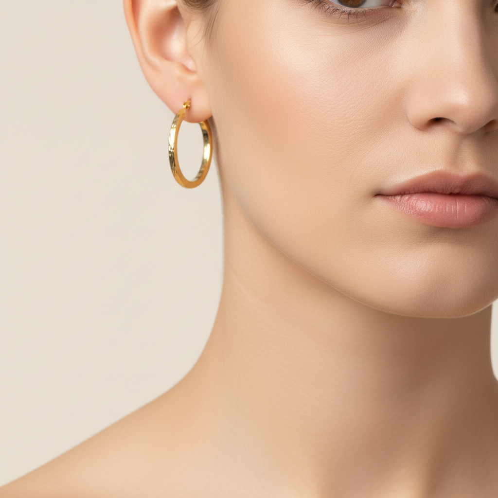 GER161. 14K Solid Gold Hollow Flat Diamond Cut Hoop