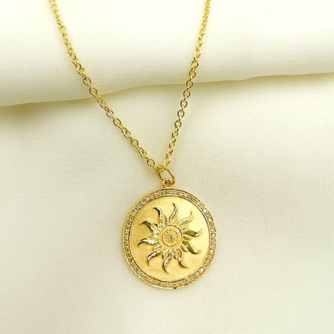 14K Solid Gold Diamond Circle Charm with Sun in the Center. GDP80