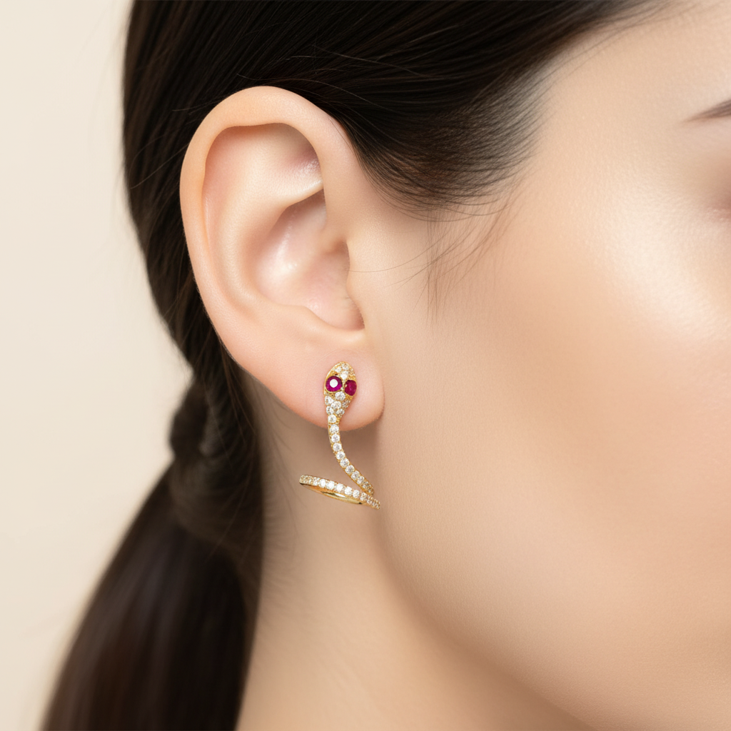 EFE53688RU. 14K Solid Gold Diamond and Ruby Snake Studs