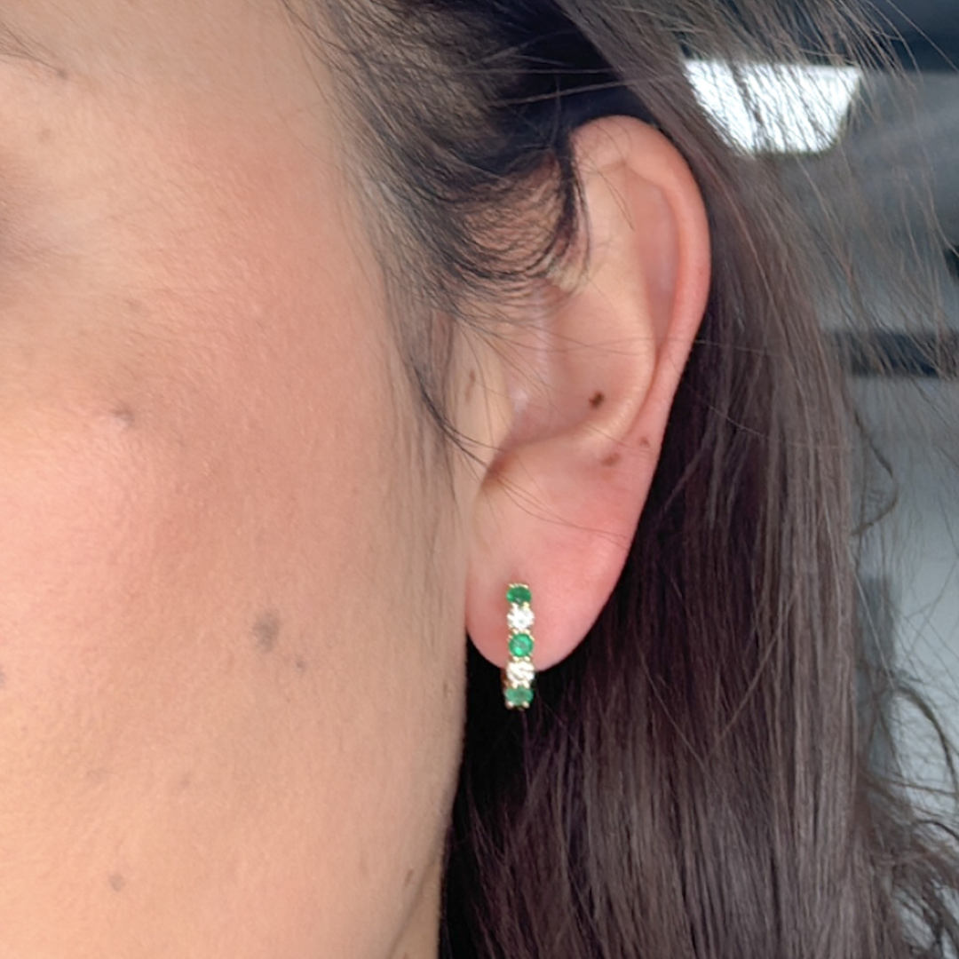 EHG56555EM. 14k Solid Gold Emerald and Diamond Hoops