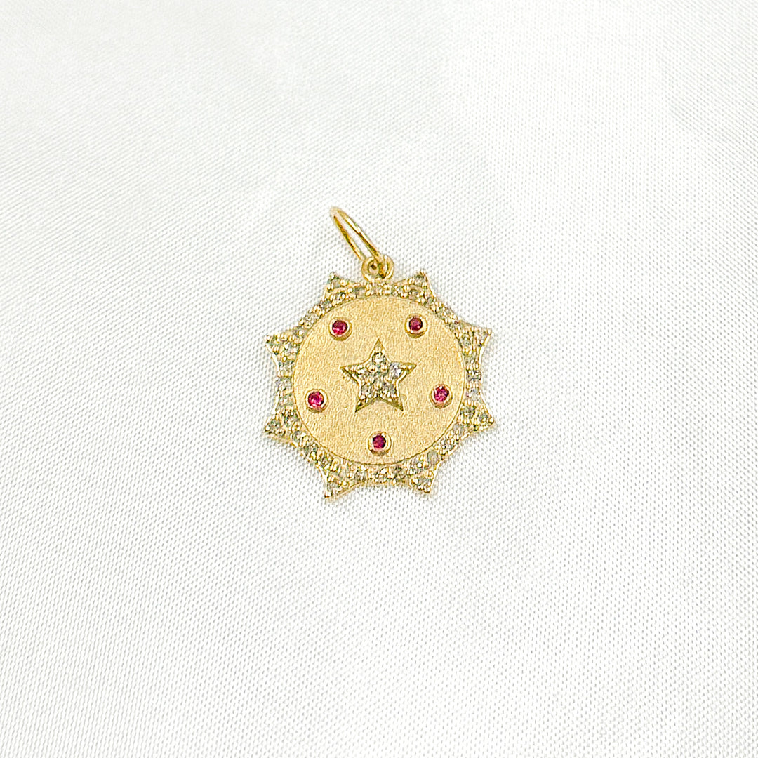 14K Solid Gold Diamond Sun Shape Charm with Star in the Center in Gemstones. GDP547