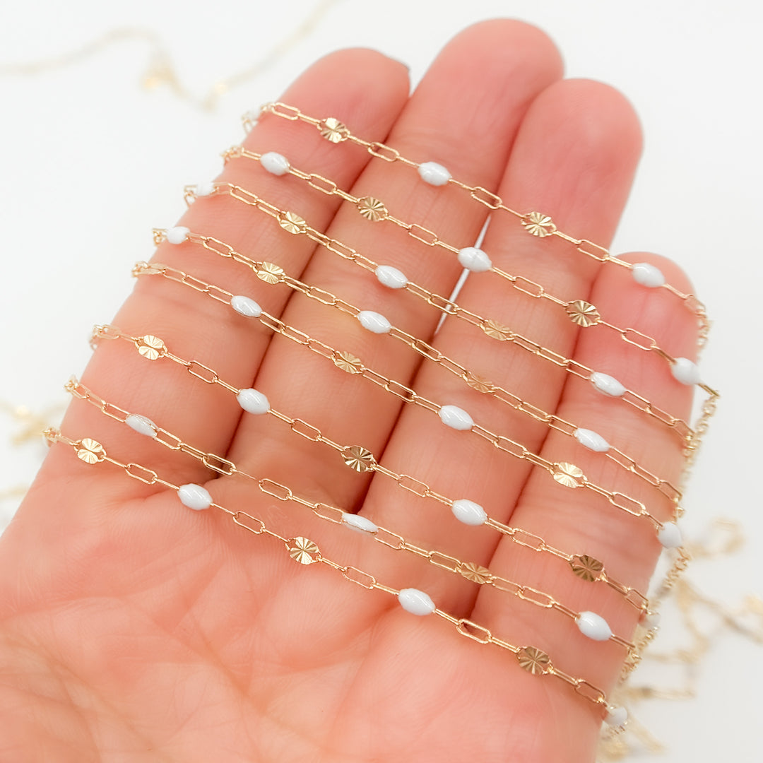 V295WTGF. 14K Gold Filled White Color Enamel with Paperclip and Diamond Cut Marina Links