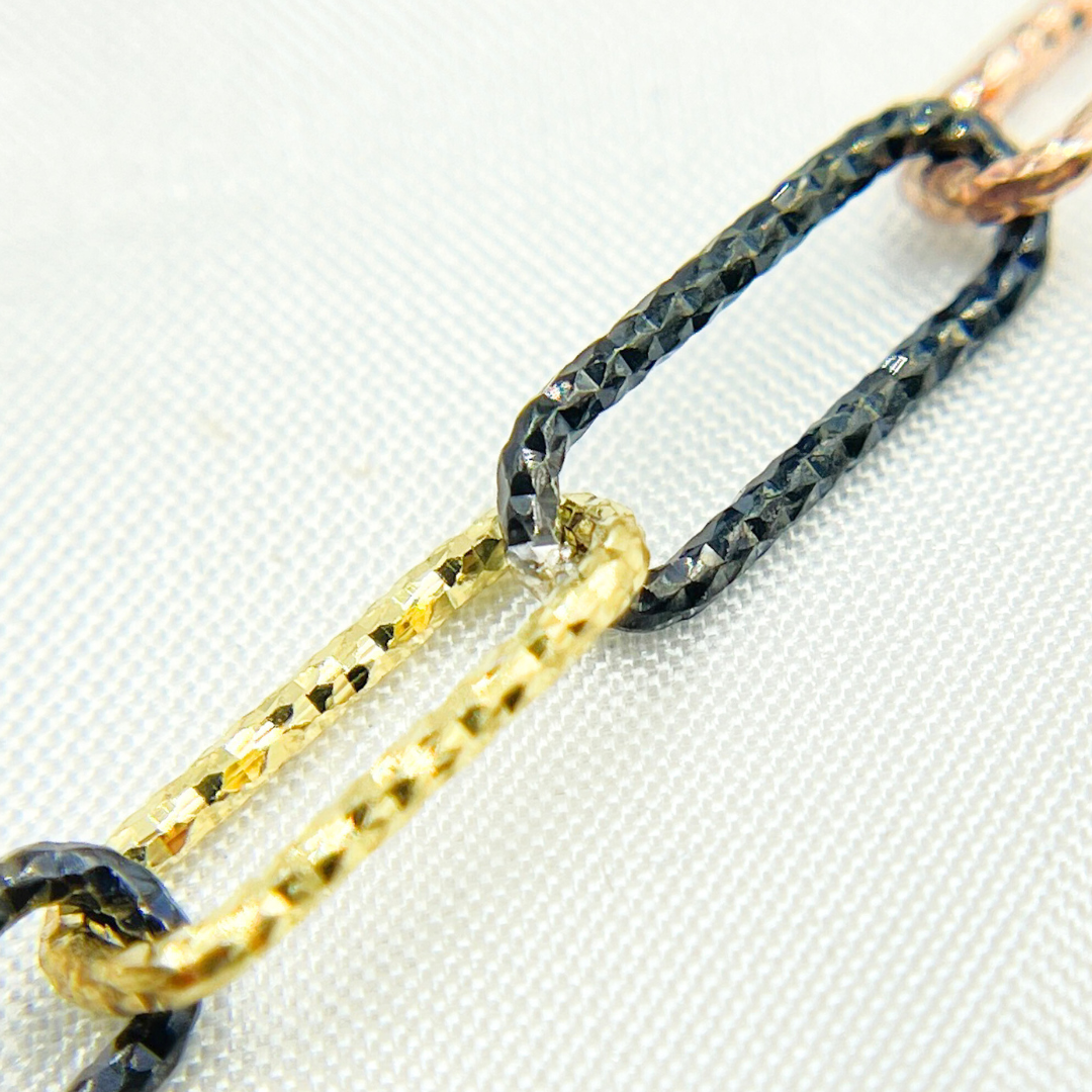 Gold Plated, Black Rhodium & Rose Gold Plated 925 Sterling Silver Diamond Cut Paperclip Chain. V9GBR