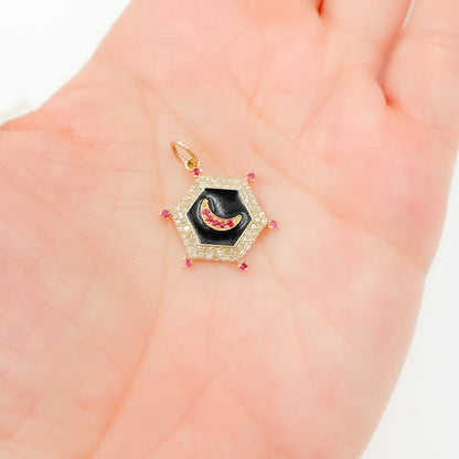 KG226. 14K Gold Hexagon Moon Pendant