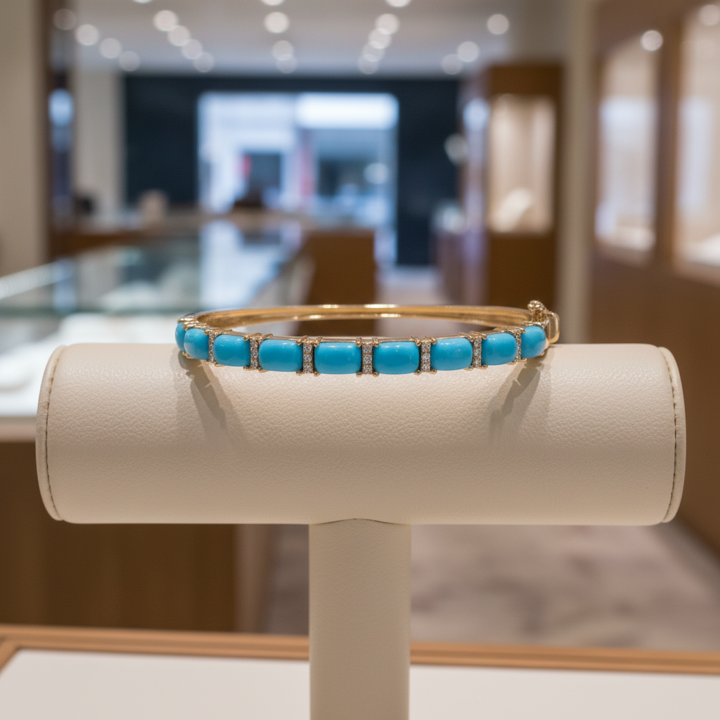CB97340TQ6X4. 18K Solid Gold Diamond & Turquoise Bangle