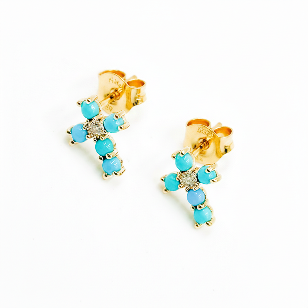 EFA53199TQ. 14K Solid Yellow Gold Turquoise and Diamond Stud Earrings