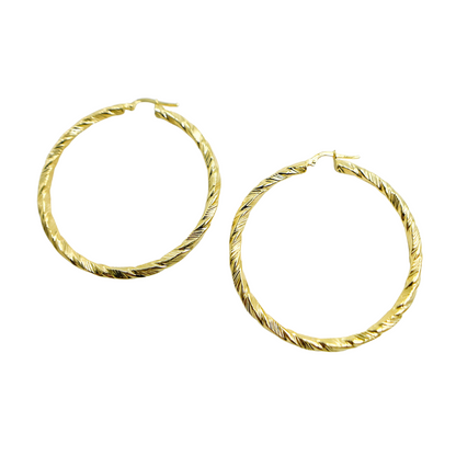 GER54. 14K Solid Gold Twist Round Hollow Hoop Earrings