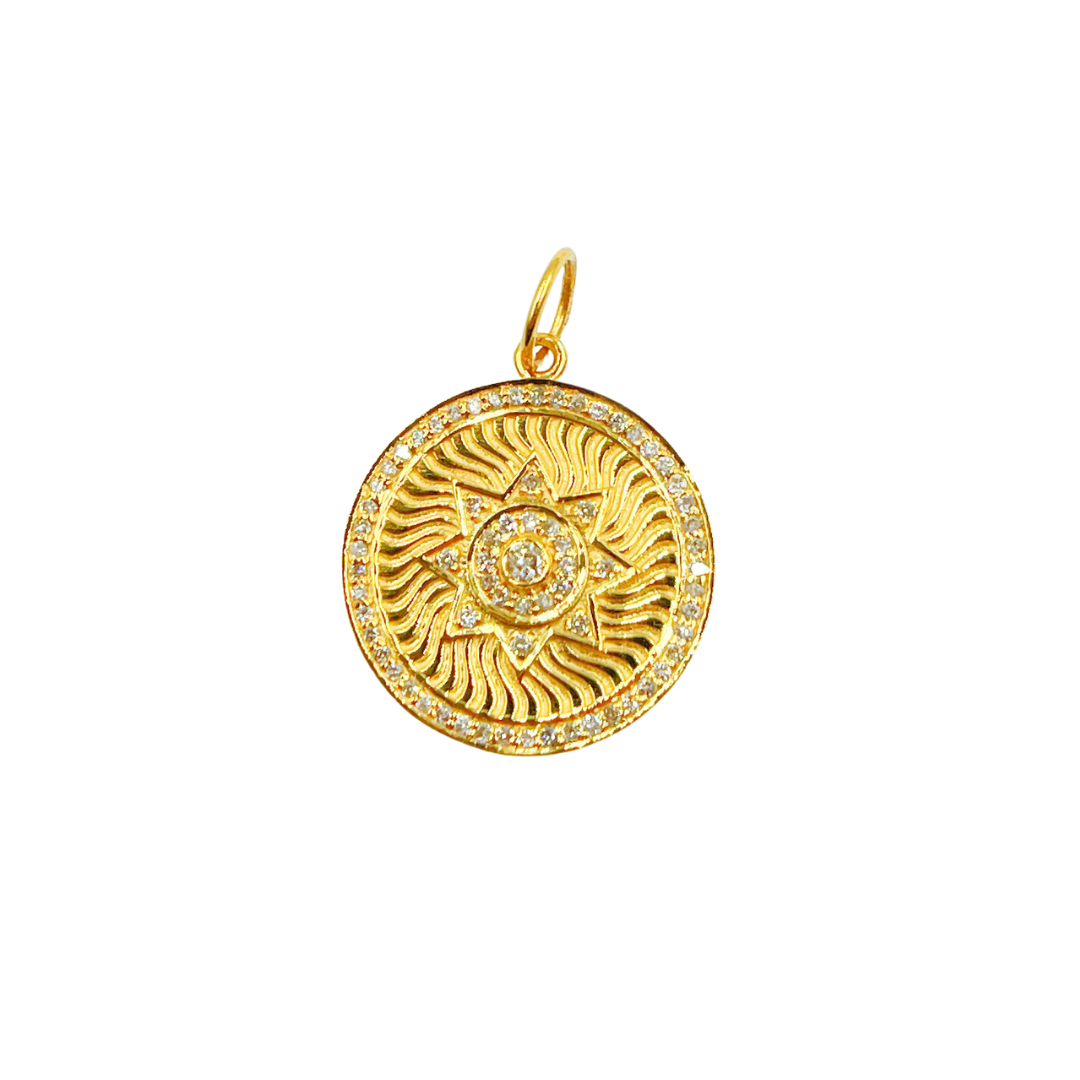 14K Solid Gold Charm Circle Pendant with Diamonds. GDP256