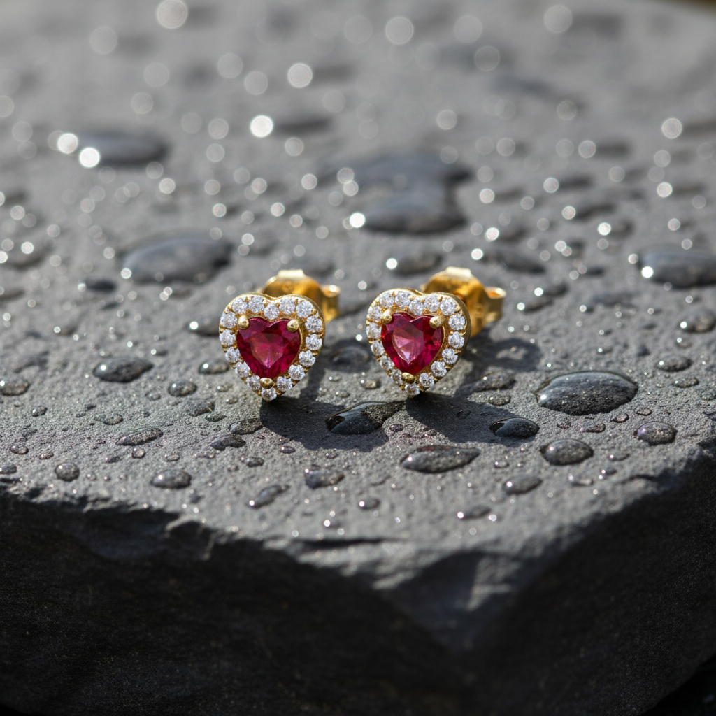 ER113658. 14k Solid Gold Diamond and Ruby Heart Stud Earrings