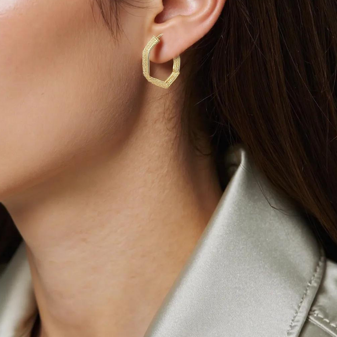 15850023956. 14K Solid Gold Smooth and Textured Hexagonal Hollow Hoop Earrings