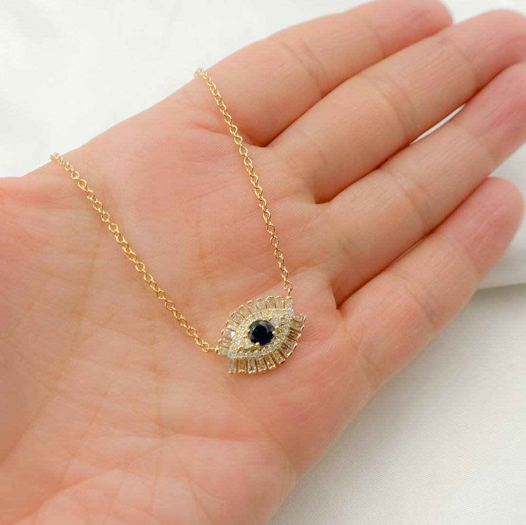 14k Solid Gold Blue Sapphire and Diamond Eye Necklace. NFH71188BS