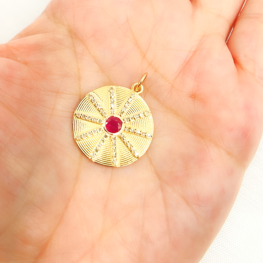 14K Solid Gold Diamond Circle Charm Available in (Ruby & Blue Sapphire). GDP464