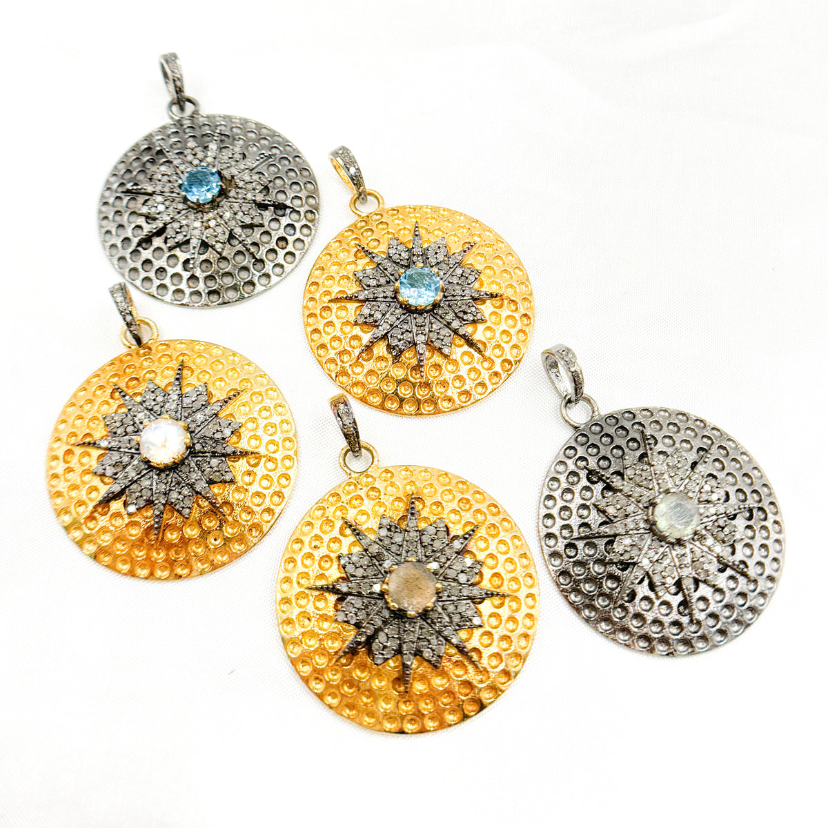 DP272. Diamond Sterling Silver Round Star Pendant with Gemstone