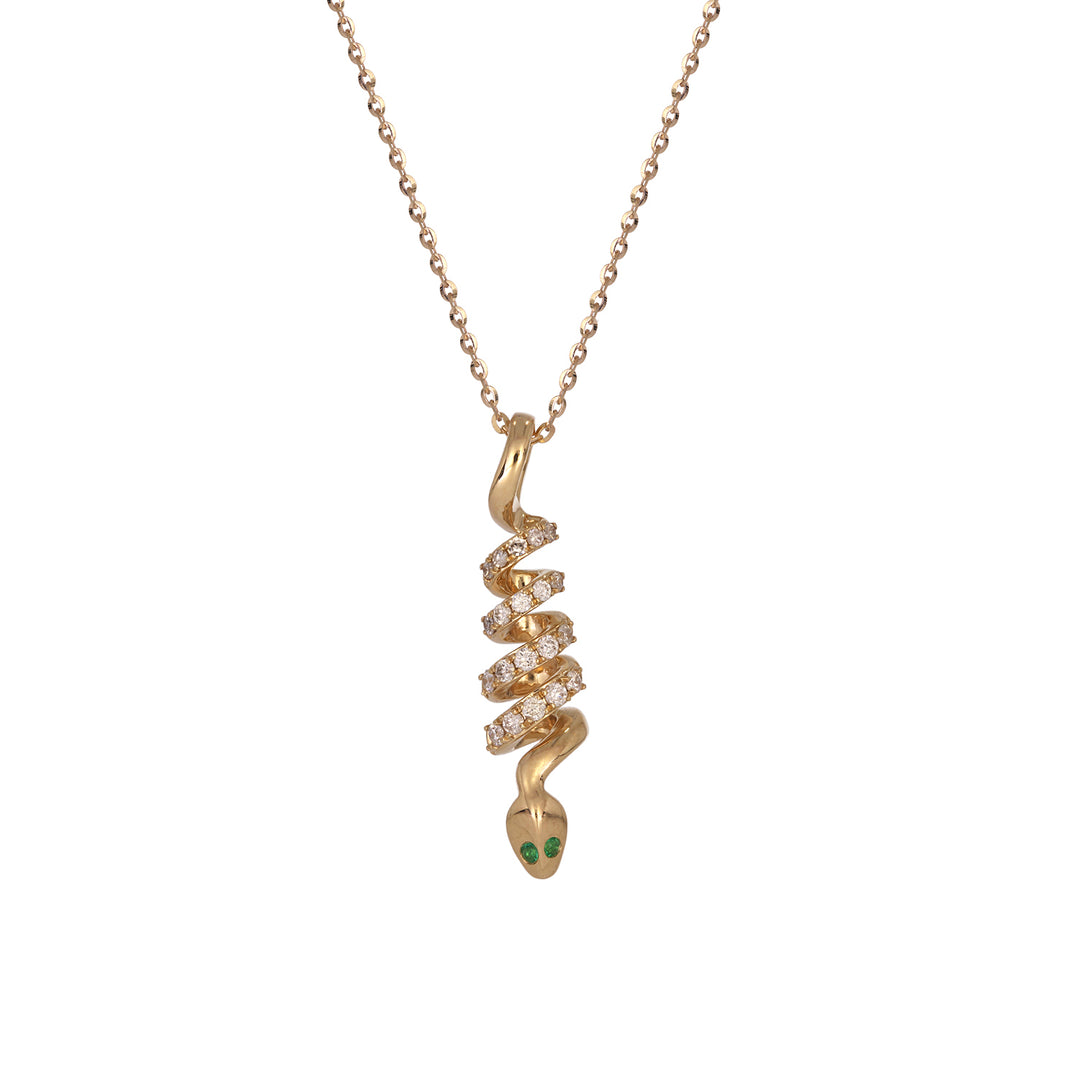 PFC33574EM. 14k Solid Gold Diamond and Emerald Snake Pendant