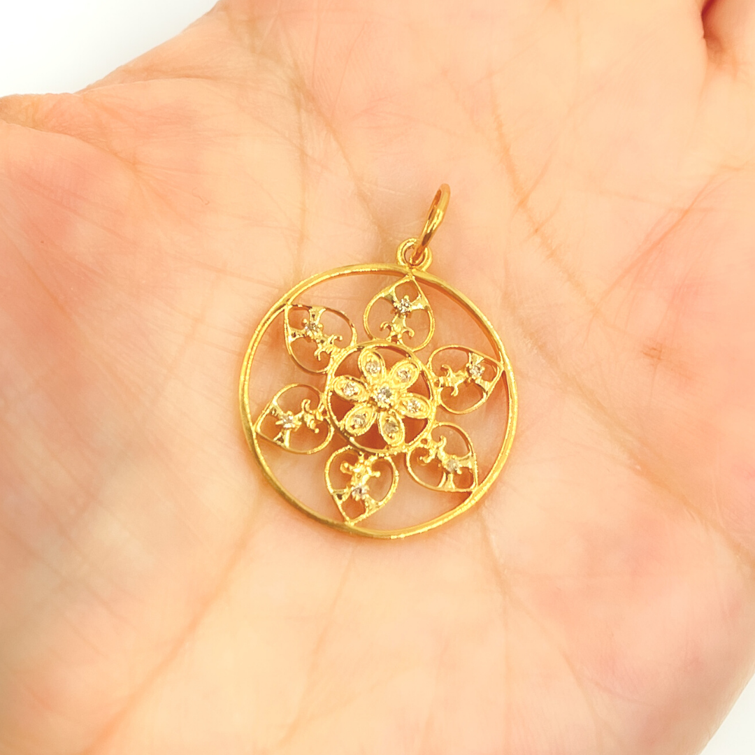 14K Solid Gold Diamond Circle Flower Charm. GDP190