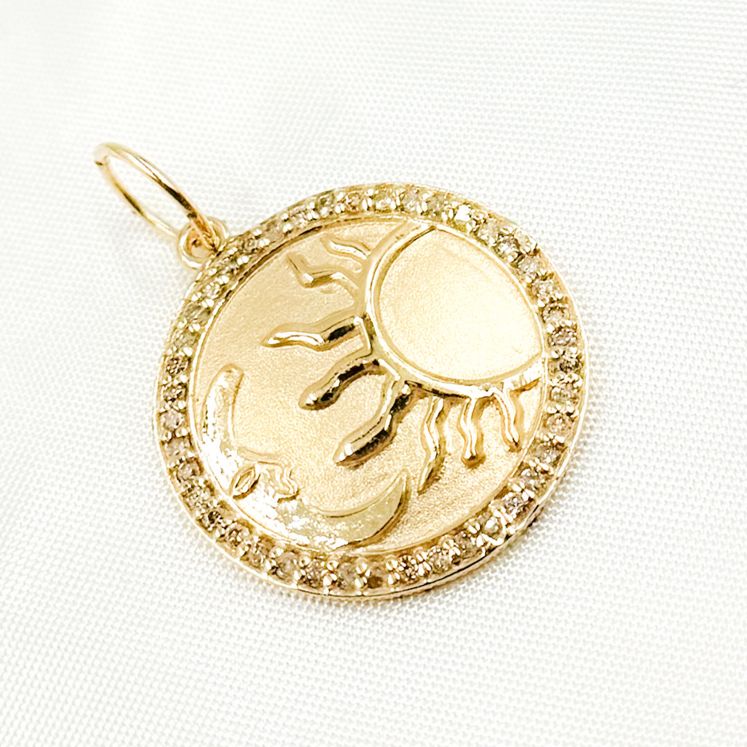 GDP26. 14K Solid Gold Diamond Round Sun and Moon Charm