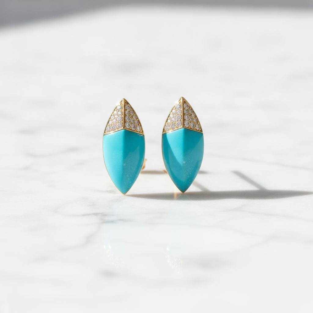DER03407TQ. 14K Solid Gold Diamond and Turquoise Fancy Stud Earrings
