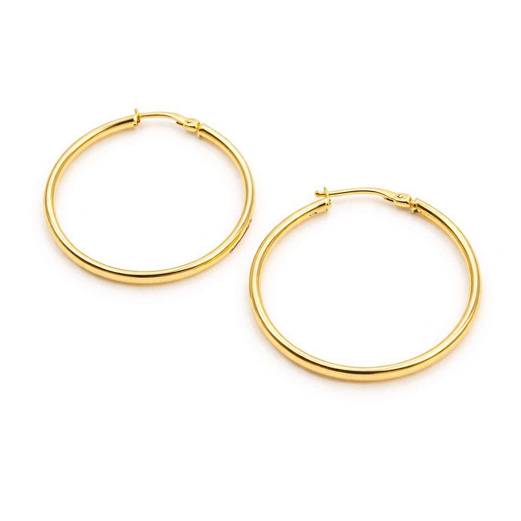 GER169. 14K Gold Hollow Hoop Earrings