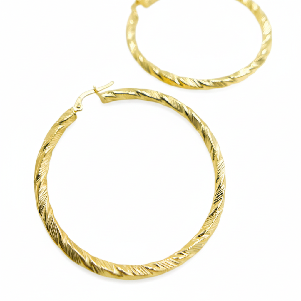 GER54. 14K Solid Gold Twist Round Hollow Hoop Earrings