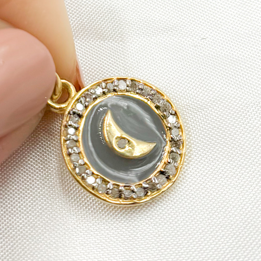 DC227A. Diamond Sterling Silver Round Moon Enamel Charm