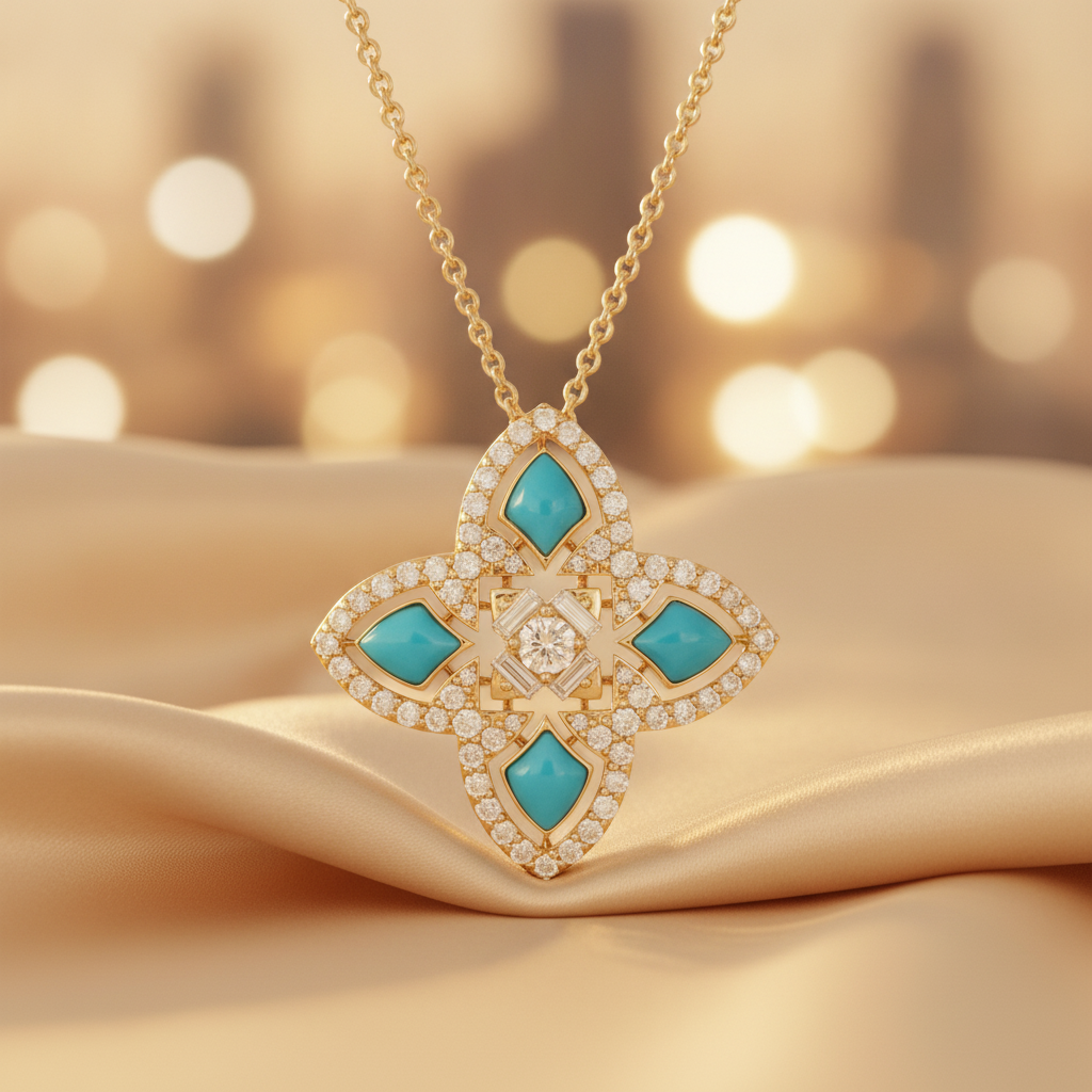 DPE00986TQ. 14K Solid Gold Diamond and Turquoise Flower Pendant