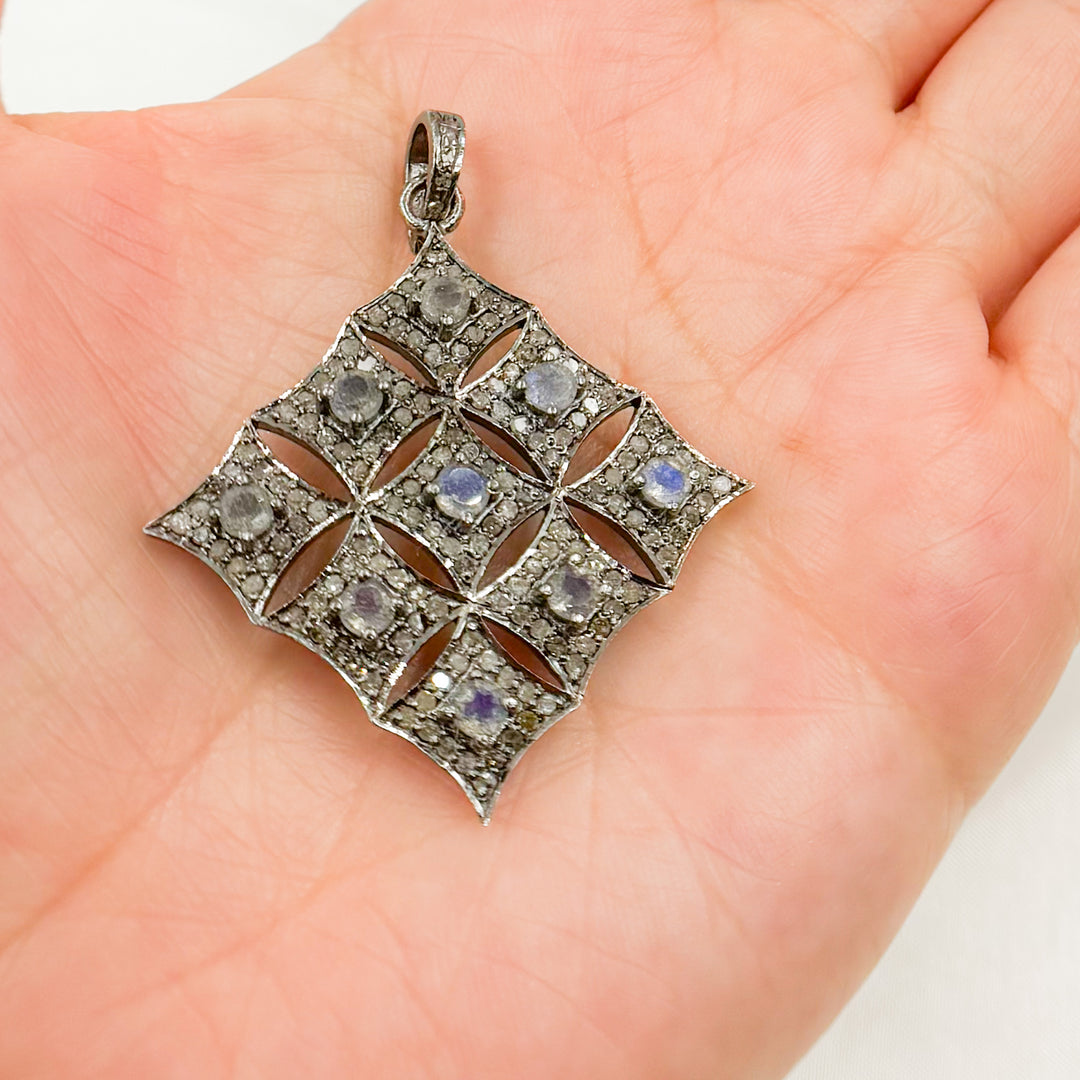 DP168. Diamond Sterling Silver Rhombus Shape Pendant with Gemstone