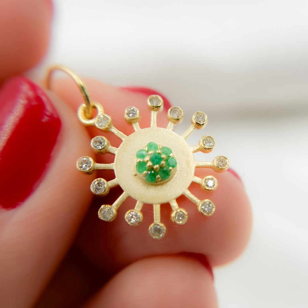 14k Solid Gold Diamond and Emerald Sun Charm. GDP647