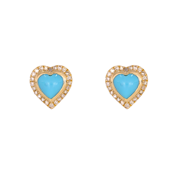 14K Solid Yellow Gold Diamond and Turquoise Heart Stud Earring