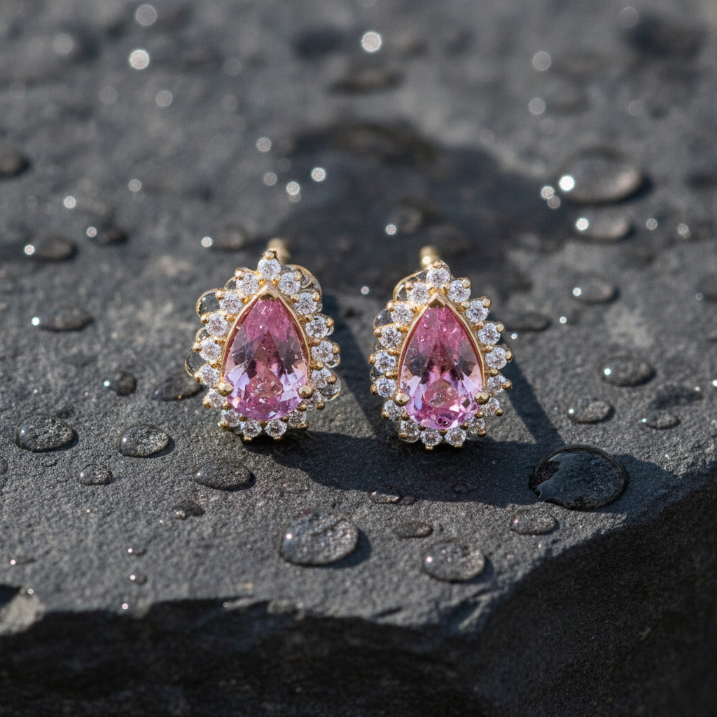 CE96380PS6X4. 14K Solid Gold Pink Sapphire and Diamond Drop Stud Earrings