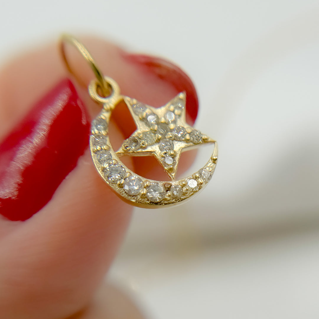 14k Solid Gold Moon and Star Diamond Charm. GDP638