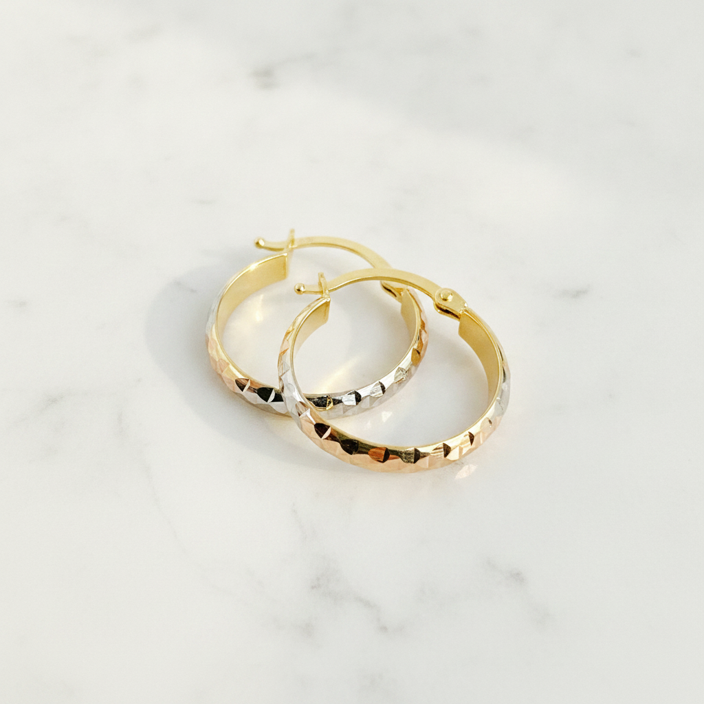 GER62. 14K Gold Diamond Cut Tri-Color Hoop Earrings