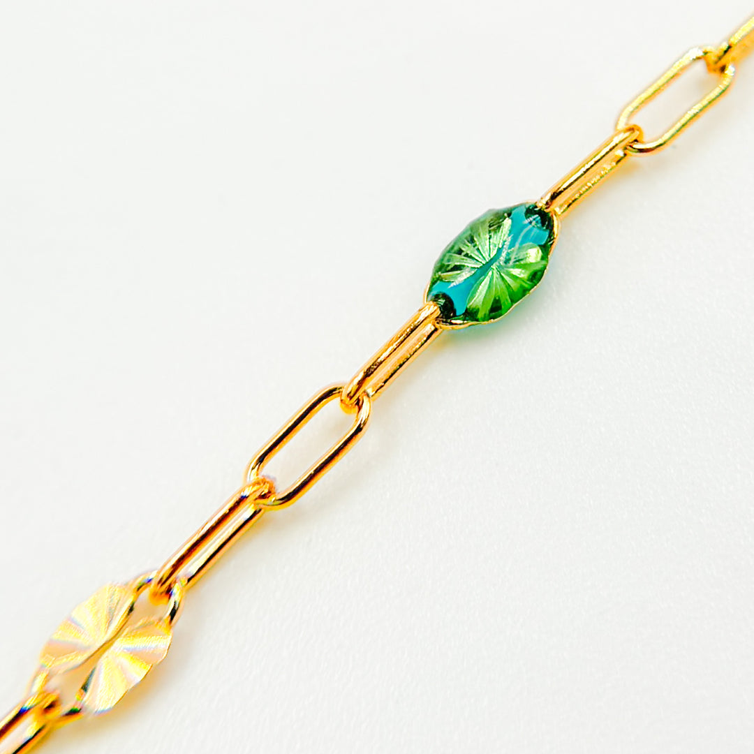 V295OGGF. 14K Gold Filled Olive Green Color Enamel with Paperclip and Diamond Cut Marina Links