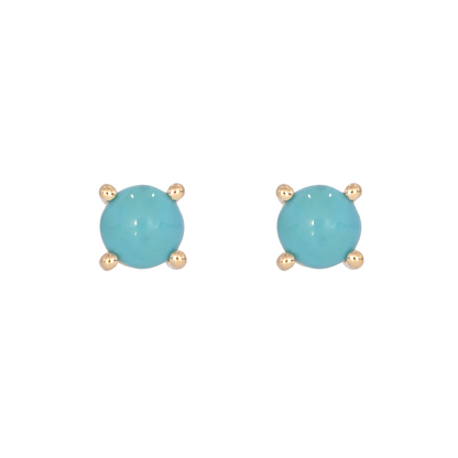 14K Solid Yellow Gold Turquoise Round Stud Earring